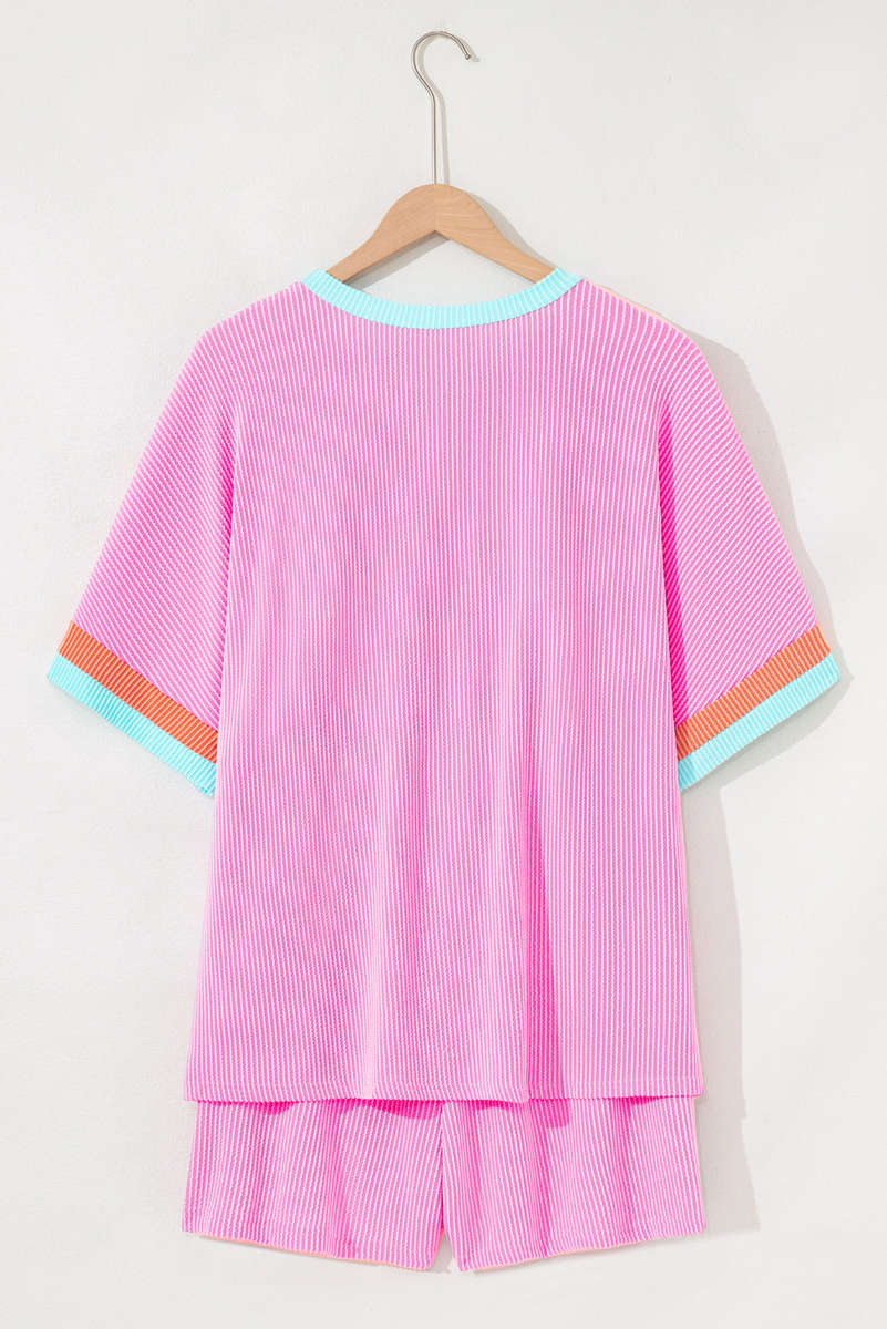 Bonbon Plus Size Color Block Corded Knit Tee and Shorts Set