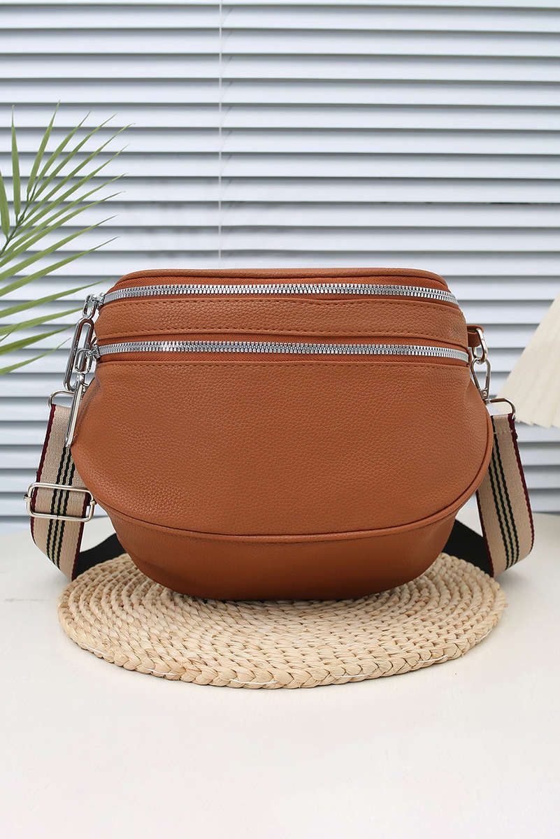 Chestnut PU Leather Double Zipper Crossbody Bag