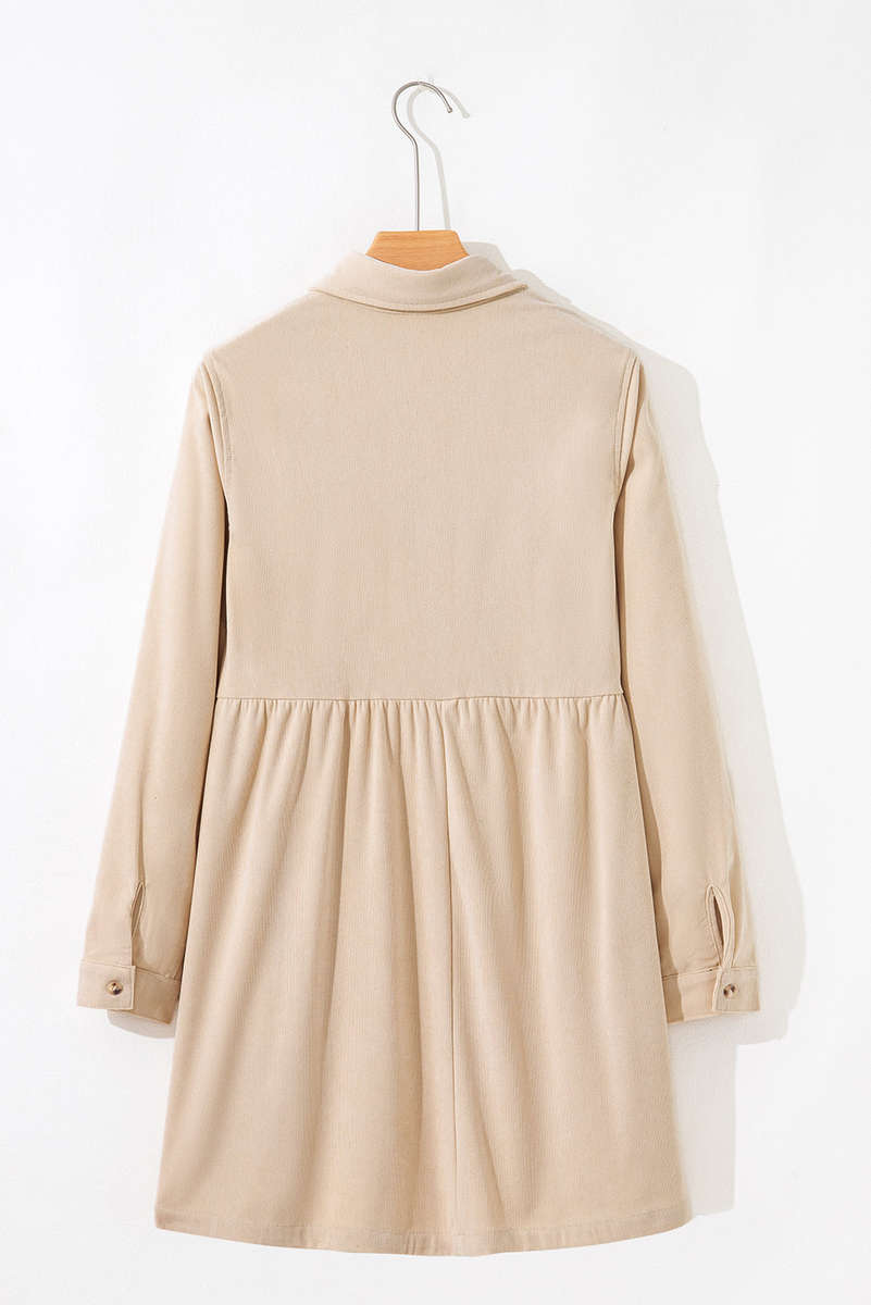 Oatmeal Corduroy Half Button Collared Long Sleeve Mini Dress