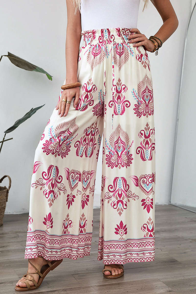 Rose Boho Printed Shirred High Waist Flowy Wide Leg Pants