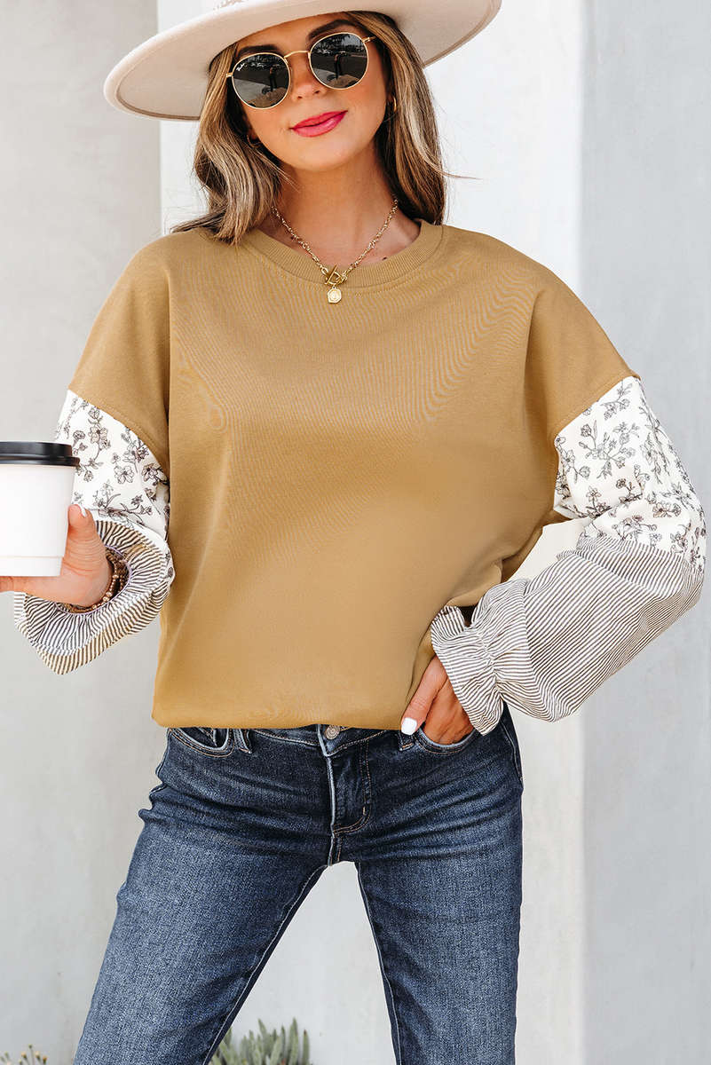 Camel Floral Striped Patchwork Ruffled Sleeve Crew Neck Sweatshirt