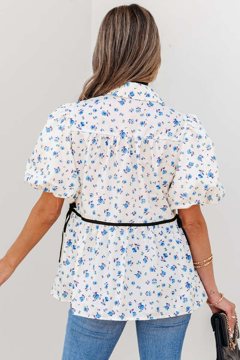 White Contrast Trim Floral Puff Short Sleeve Shirt