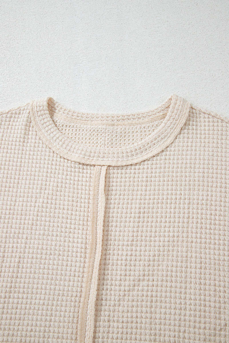 Pale Khaki Solid Color Textured Seamed Short Sleeve Top