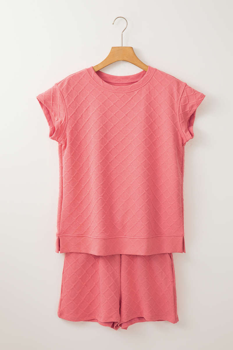 Pale Chestnut Checkered Textured Tee and Drawstring Shorts