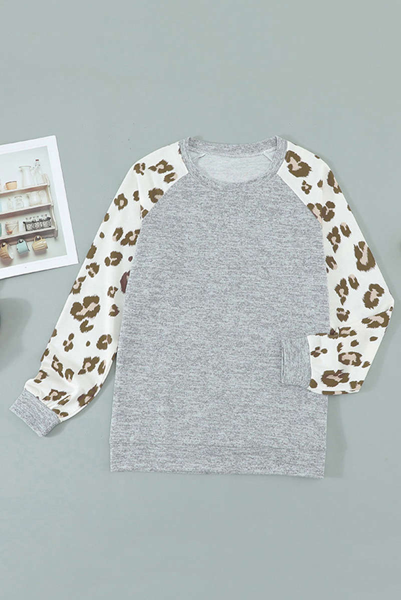 Gray Round Neck Leopard Long Sleeve Top