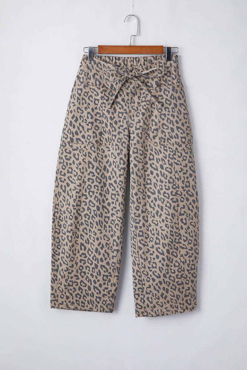 Khaki Leopard Printed Drawstring Elastic Waistband Pocketed Wide Leg Jeans