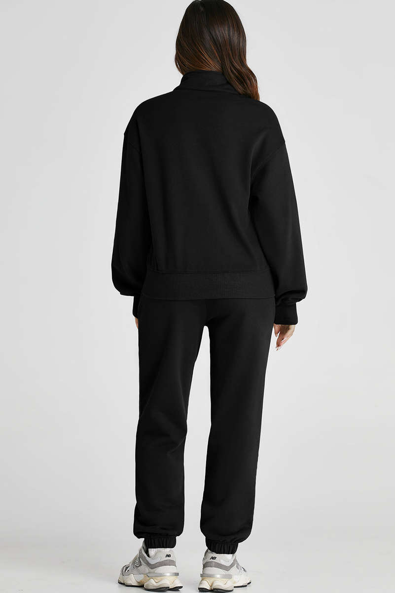 Black Half Zip up Pullover Active Top and Joggers Set