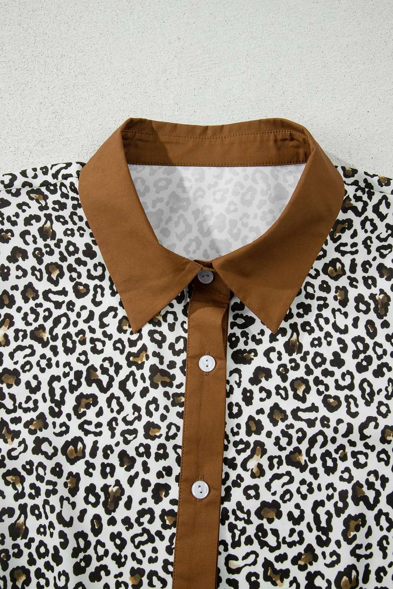 Khaki Plus Size Buttoned Contrast Trim Puff Sleeve Leopard Print Blouse