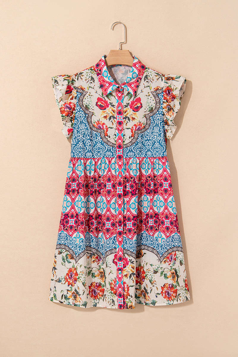 Rose Floral Mixed Pattern Ruffle Flutter Sleeve Buttoned Dress