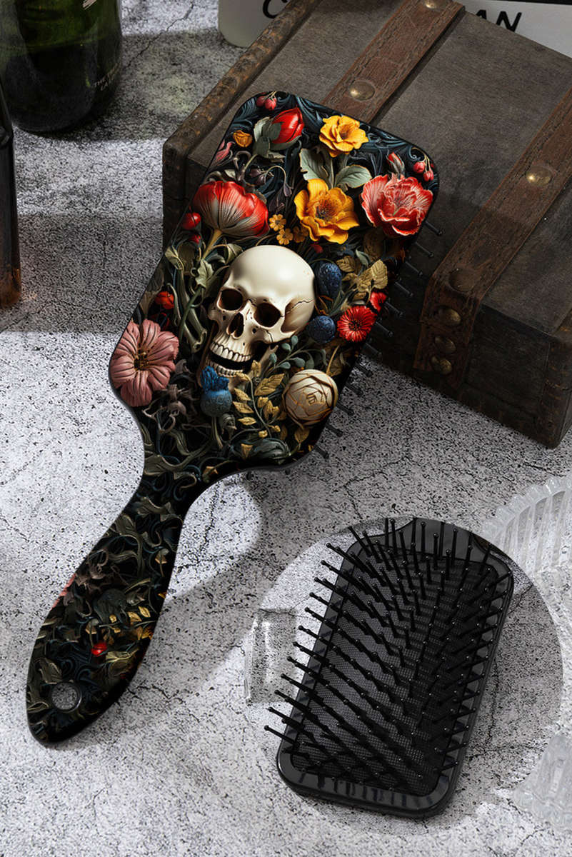 Black Gothic Flower Skull Print Air Cushion Comb