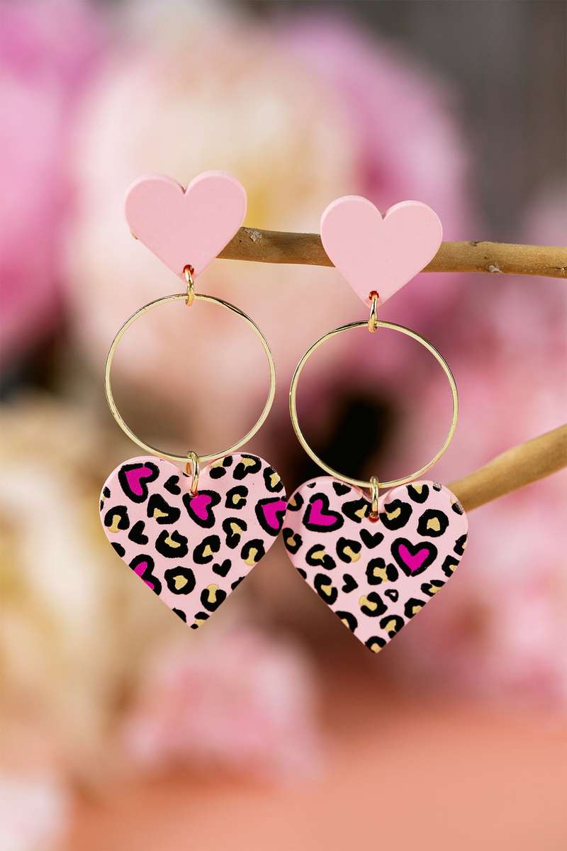 Pink Leopard Double Heart Golden Hoop Dangle Earrings
