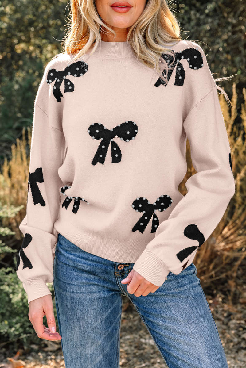 Smoke Gray Pearl Embellished Bow Pattern Loose Sweater