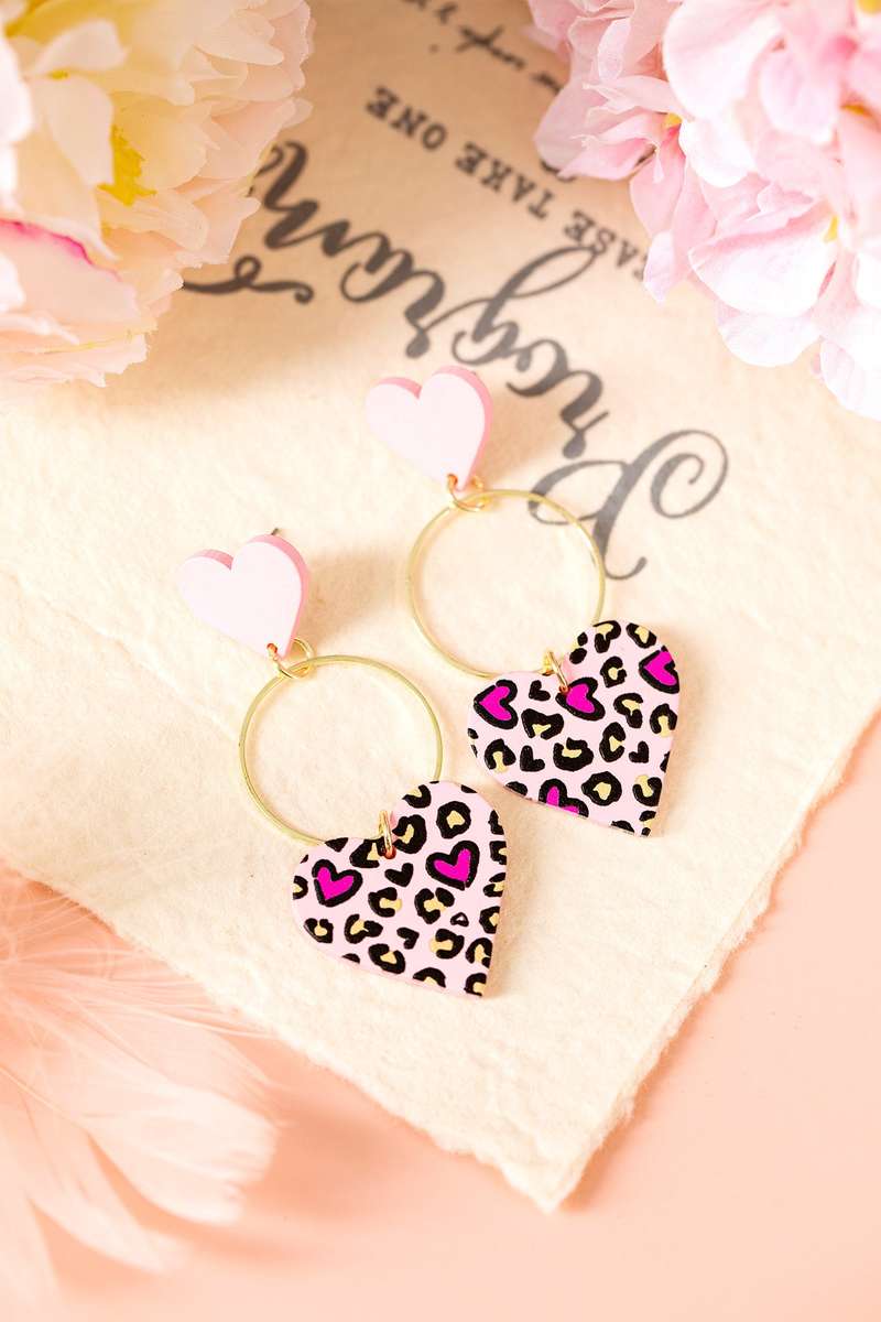 Pink Leopard Double Heart Golden Hoop Dangle Earrings