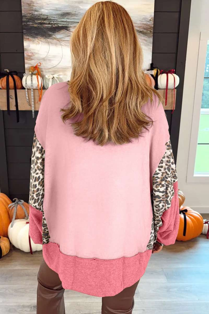 Light Pink Color Block Leopard Patchwork Dolman Sleeve High Low Baggy Sweatshirt