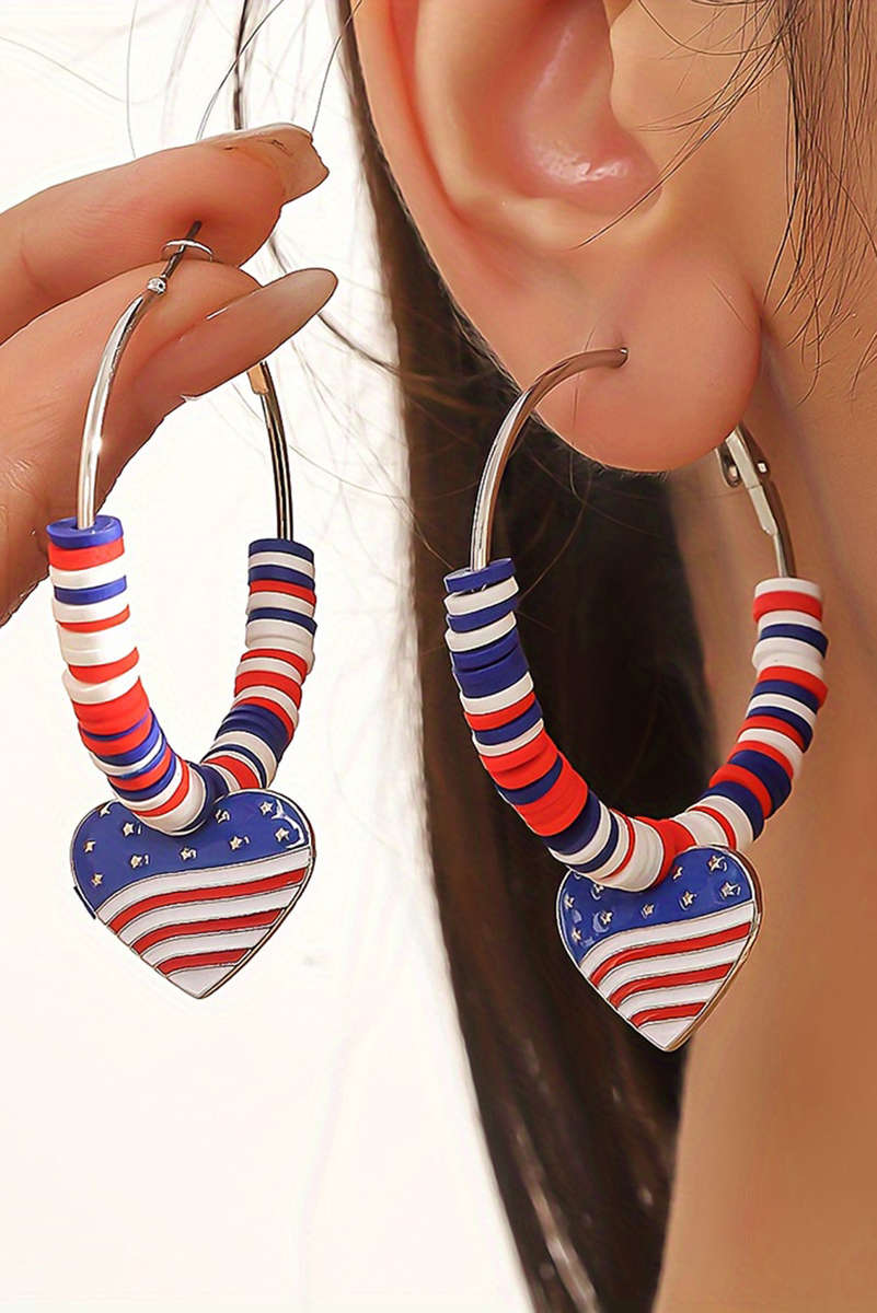 Silvery US Flag Heart Pendant Beaded Big Hoop Earrings