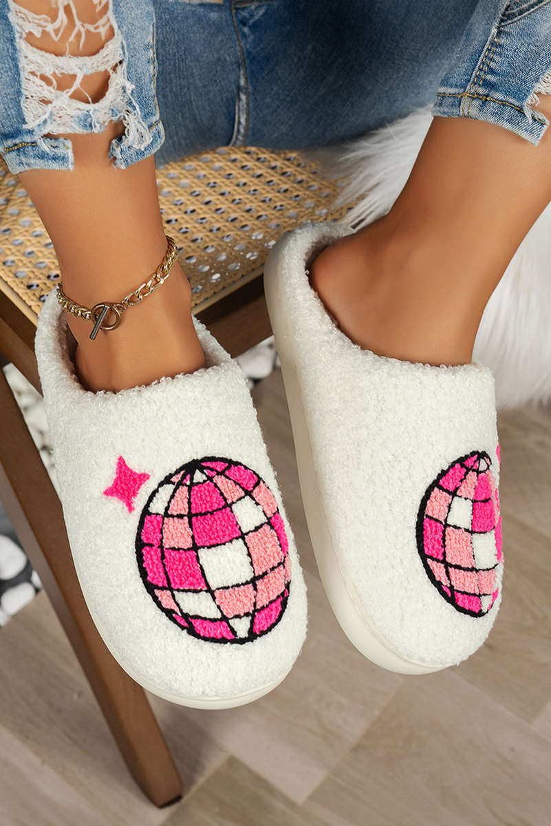 White Disco Ball Print Fuzzy Winter House Slippers