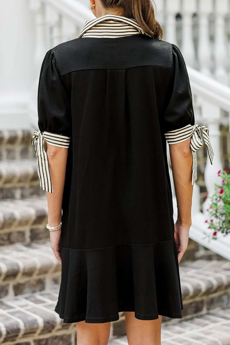 Black Stripe Detail Polo Collar Half Buttons Tied Short Sleeve Shift Mini Dress