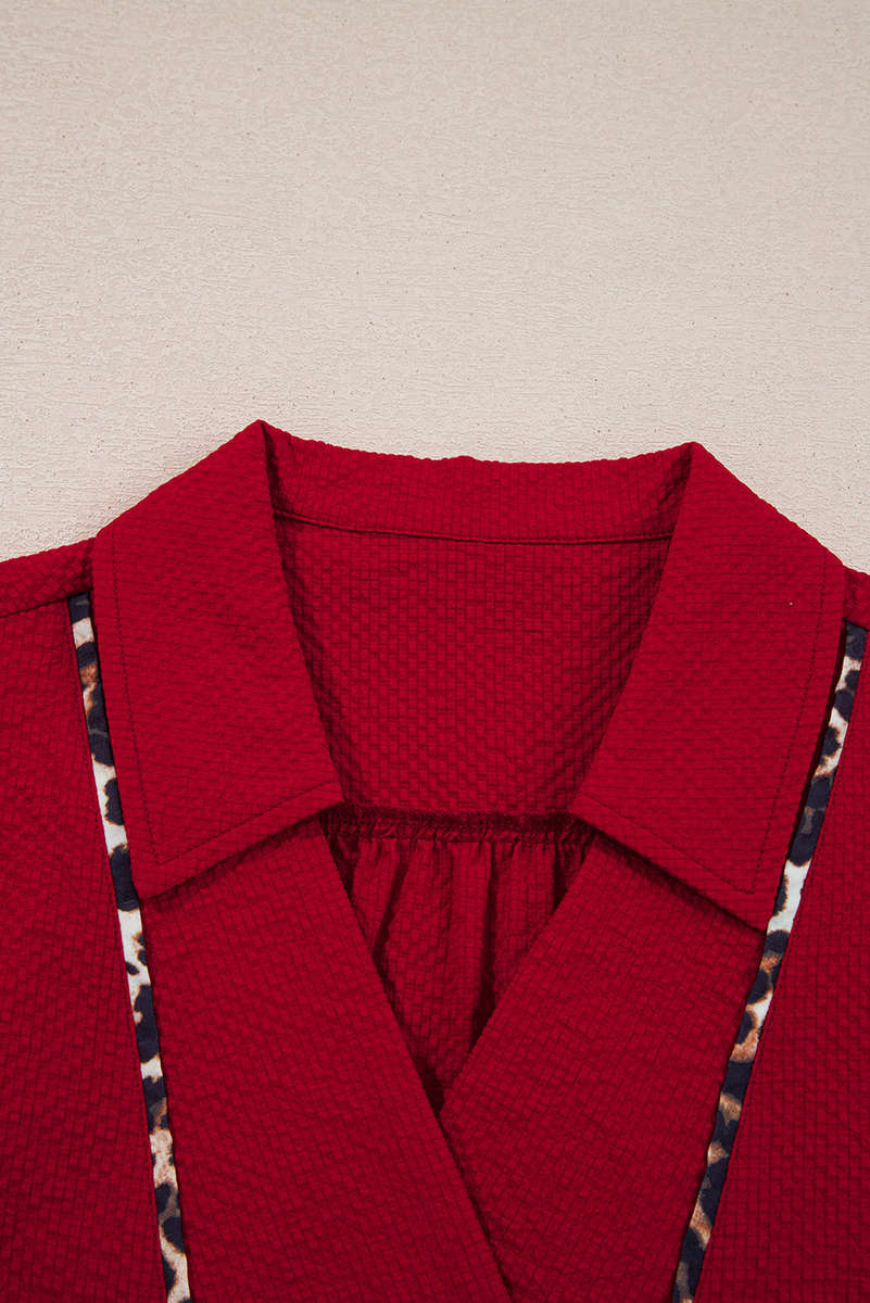 Fiery Red Collar V Neck Leopard Contrasted Trim Textured Blouse