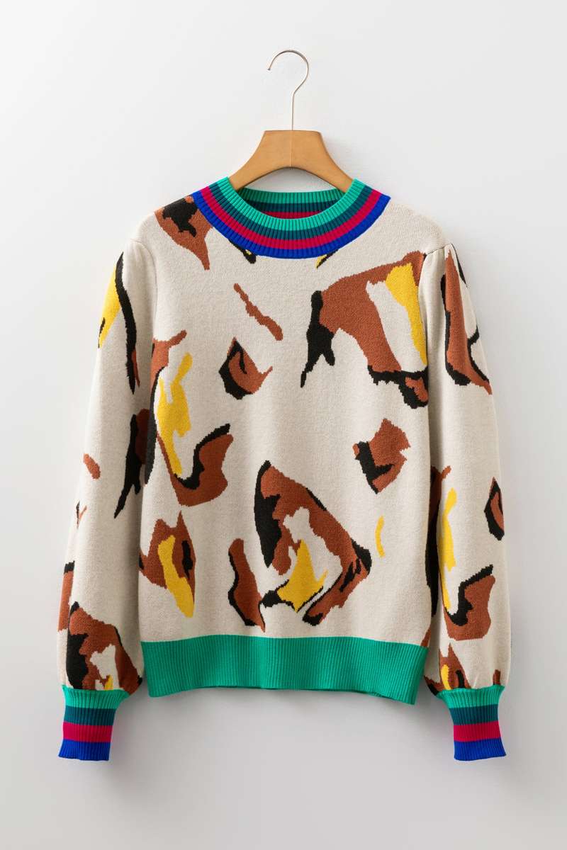 Apricot Contrast Ribbed Stripes Detail Animal Pattern Knit Sweater