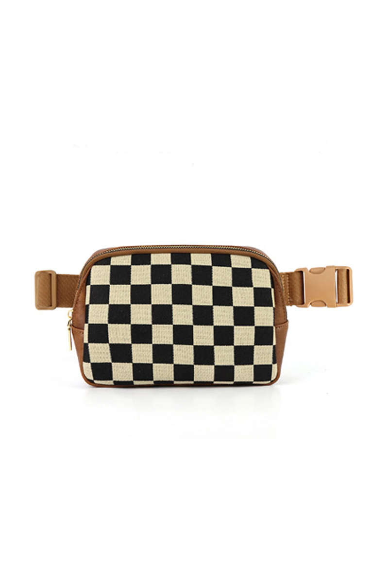 Coffee Faux Leather Checkered Patchwork Crossbody Waist Bag