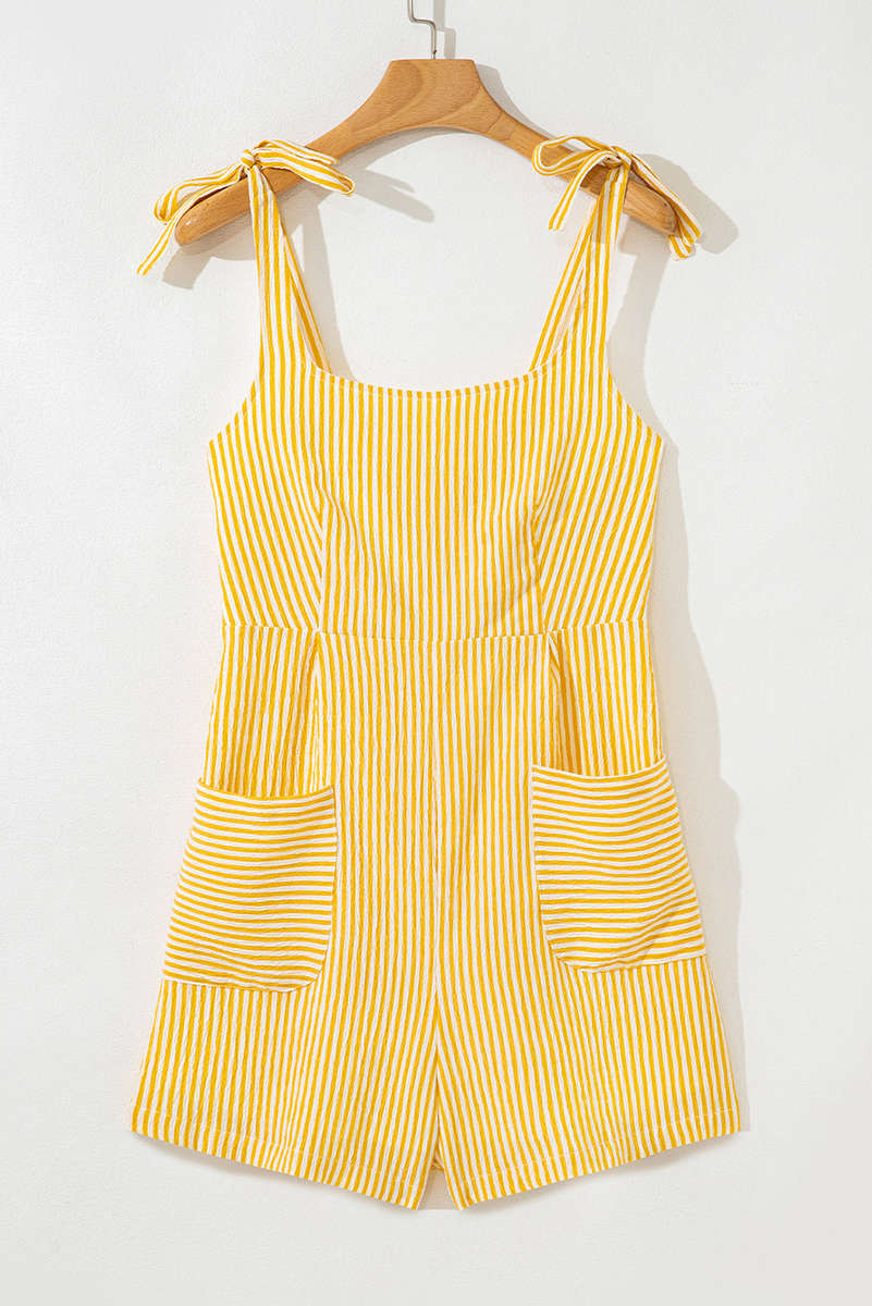 Yellow Stripe Shoulder Tie Smocked Back Wide Leg Casual Romper