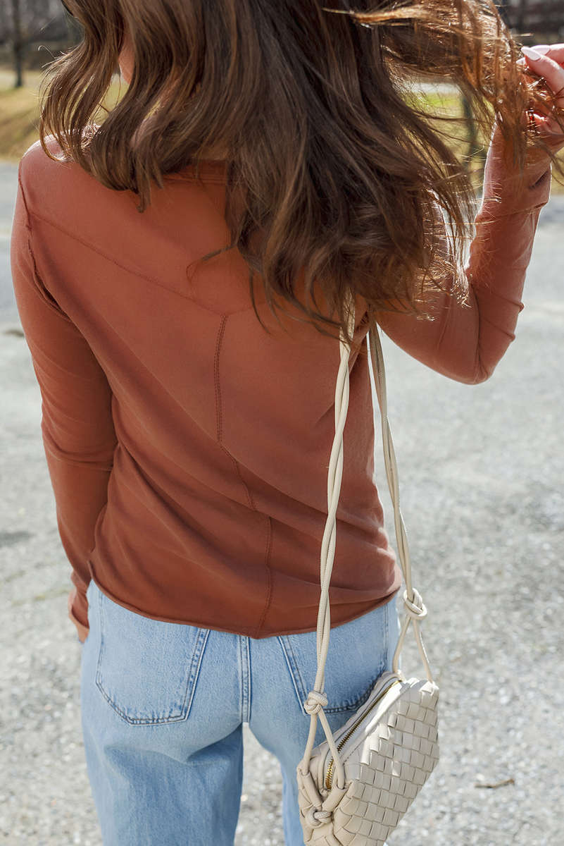 Chestnut Raw Seam Detail Solid Color Long Sleeve Top