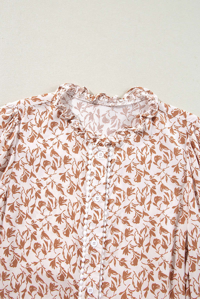 Yellow Printed Lace Detail Floral Puff Sleeve Fall Shirt