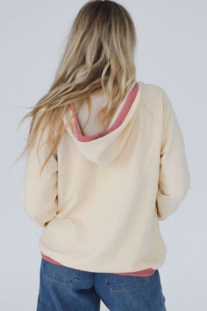 White Contrast Trim Crochet Knit Patchwork Exposed Seam Hoodie