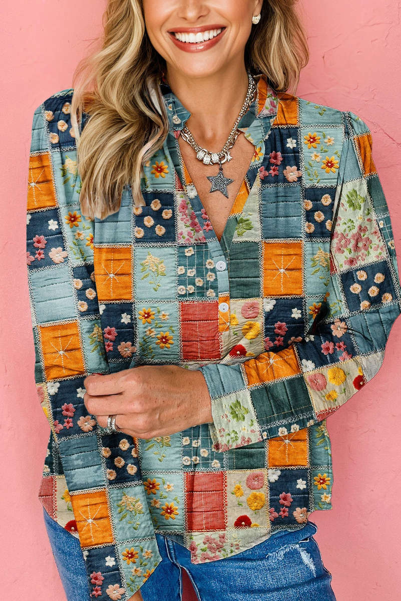 Sky Blue Fall Floral Half Placket Collared V Neck Blouse