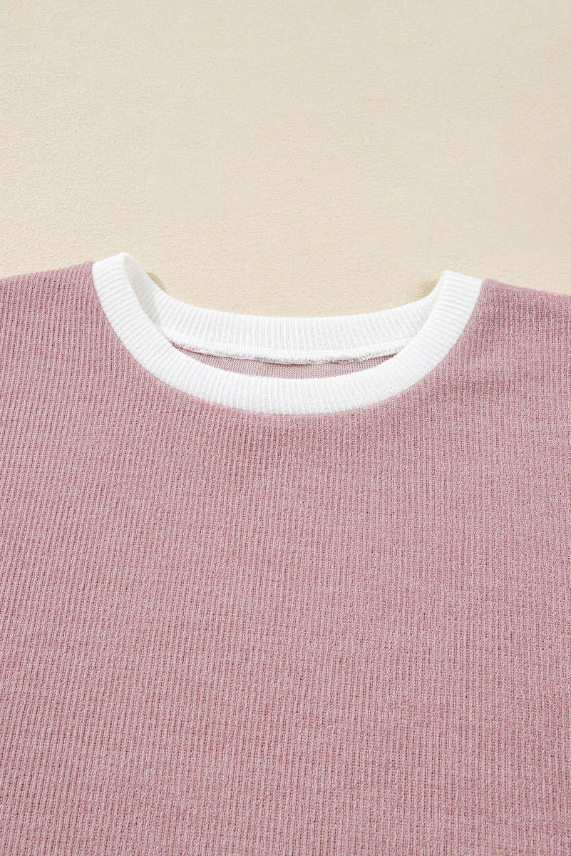 Light Pink Contrast Trim Knitted Drop Shoulder Plus Size Top
