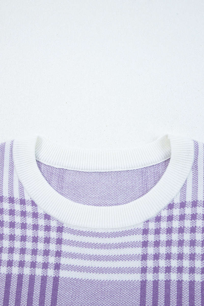 Lilac Plaid Print Ribbed Trim Loose Sweater