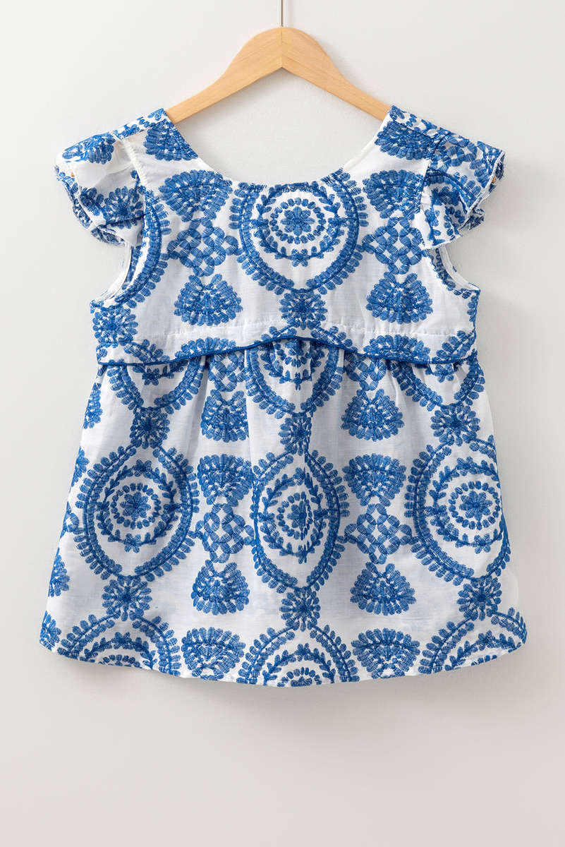 Blue Boho Print Flutter Sleeve Crew Neck Blouse