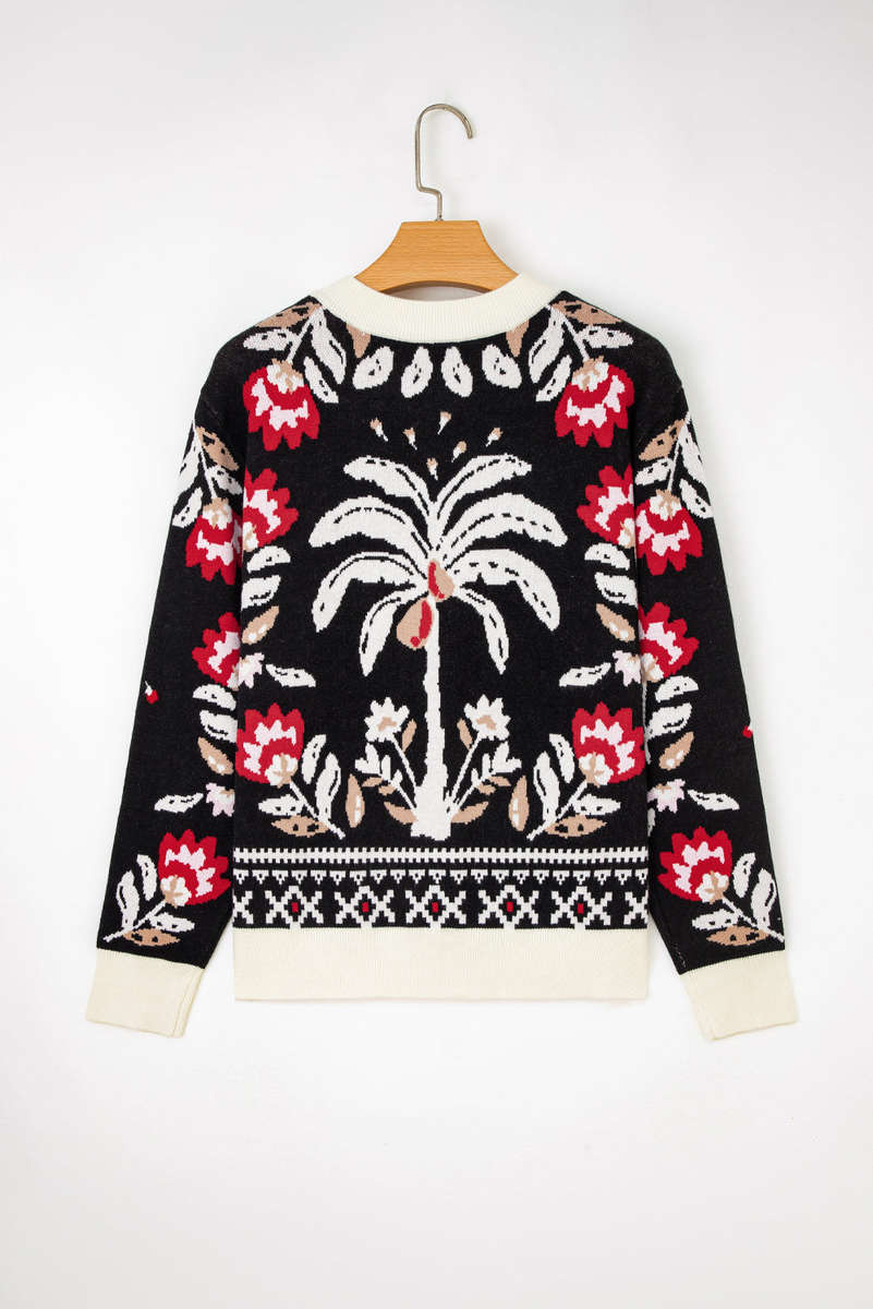 Black Floral Print Buttoned Front V Neck Knit Cardigan
