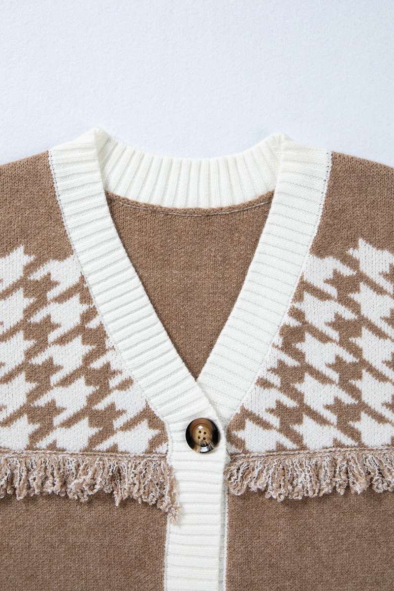 Khaki Houndstooth Color Block V Neck Raw Edge Button Front Cardigan