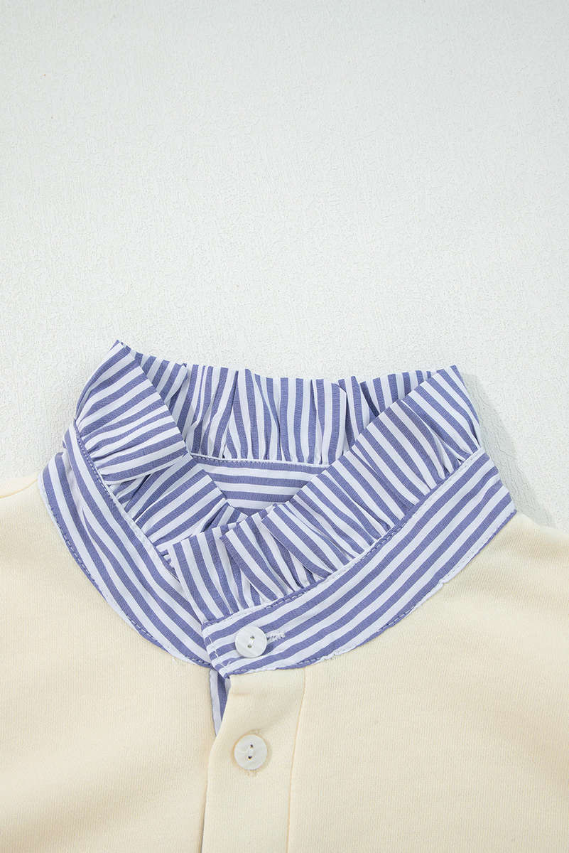 White Button Striped Collar Patchwork Puff Sleeve Sweatshirt