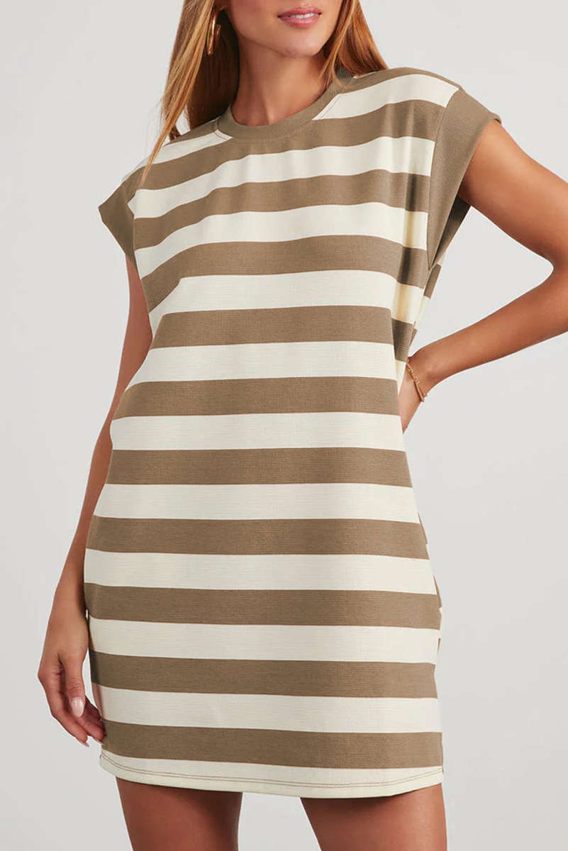 Khaki Stripe Cap Sleeve Shift T Shirt Dress