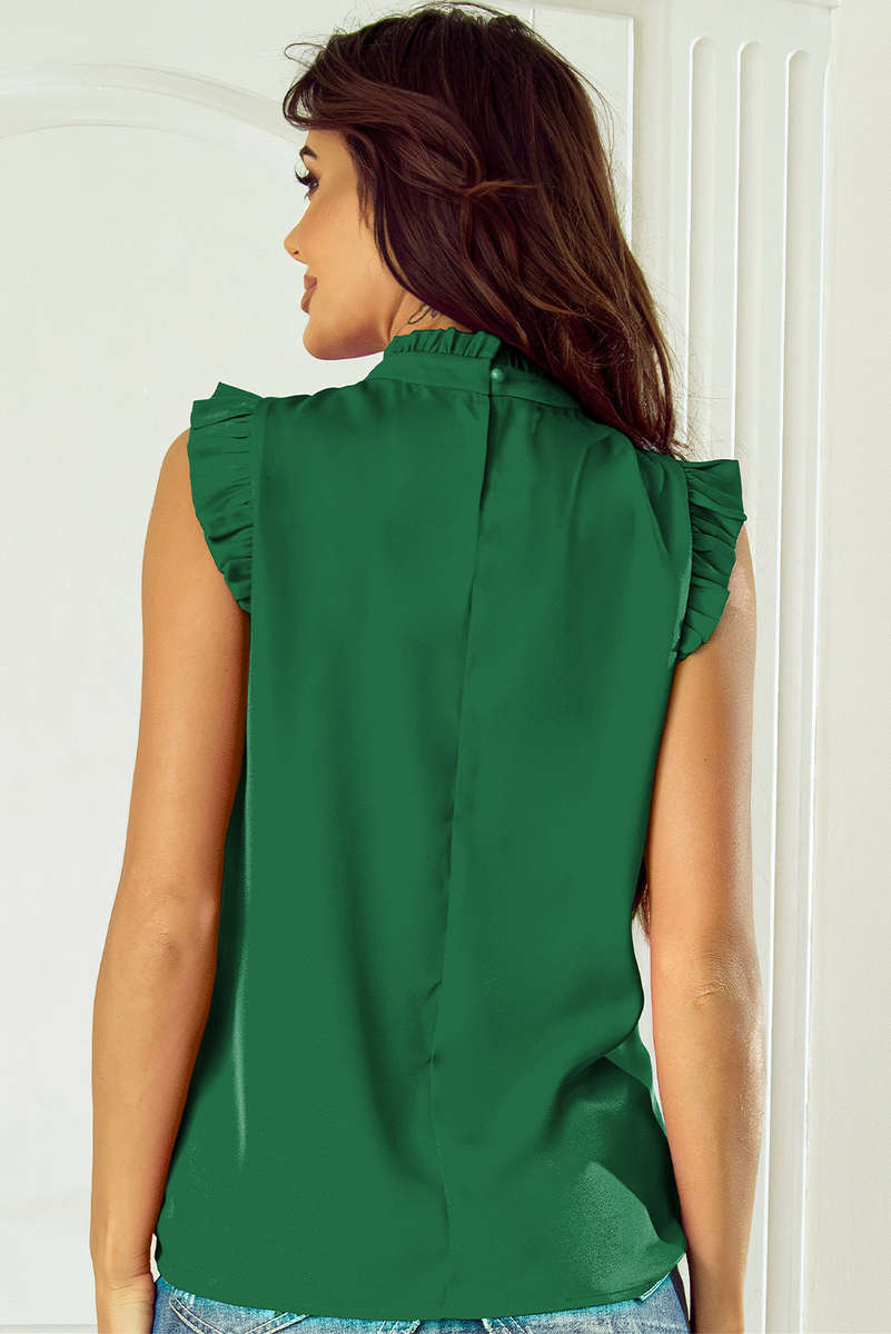 Bright Green Pleated Mock Neck Frilled Trim Sleeveless Top