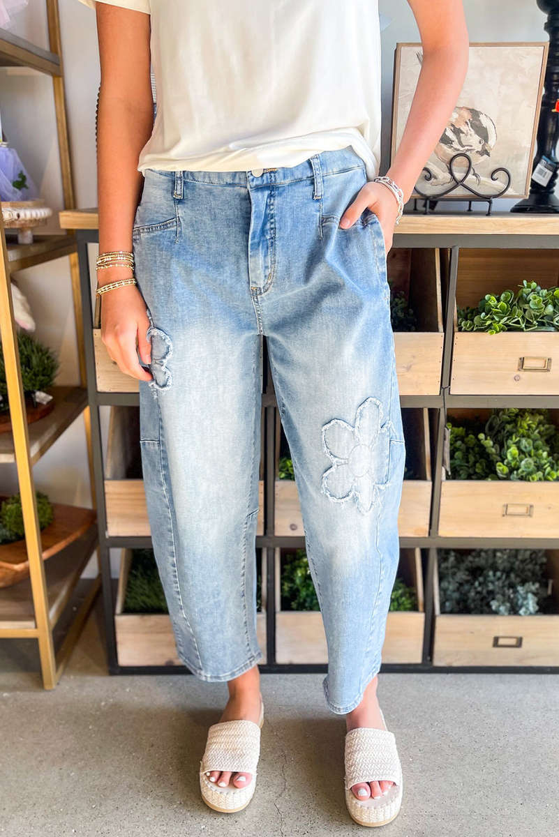 Beau Blue Flower Patched Light Wash Cropped High Waist Jeans