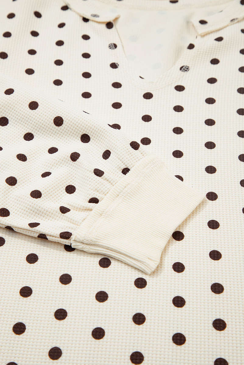 White Polka Dot Print Notched Neck Long Sleeve Top Drawstring Jogger Pants Waffle Knit Lounge Set
