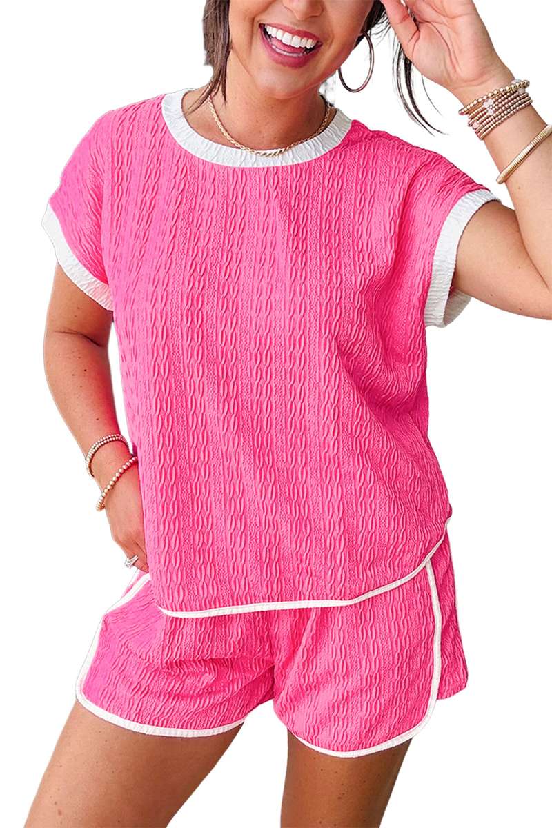 Bright Pink Textured Color Block Trim Loose Tee Drawstring Shorts 2pcs Set