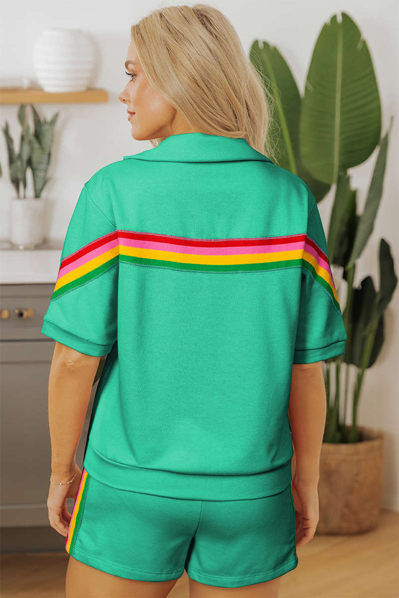 Sea Green Rainbow Colorblock Collared Short Sleeve Top 2 Piece Shorts Set