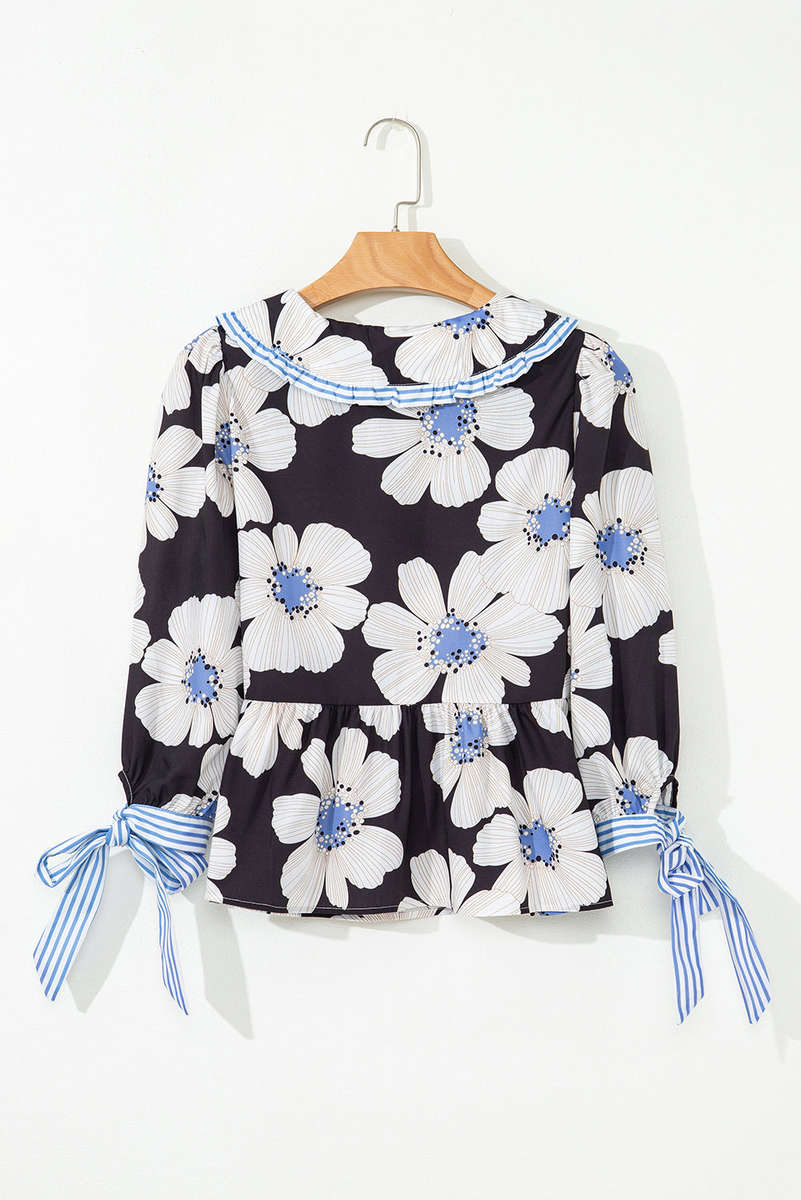 Black Floral Print Striped Tie Sleeve Collared V Neck Blouse