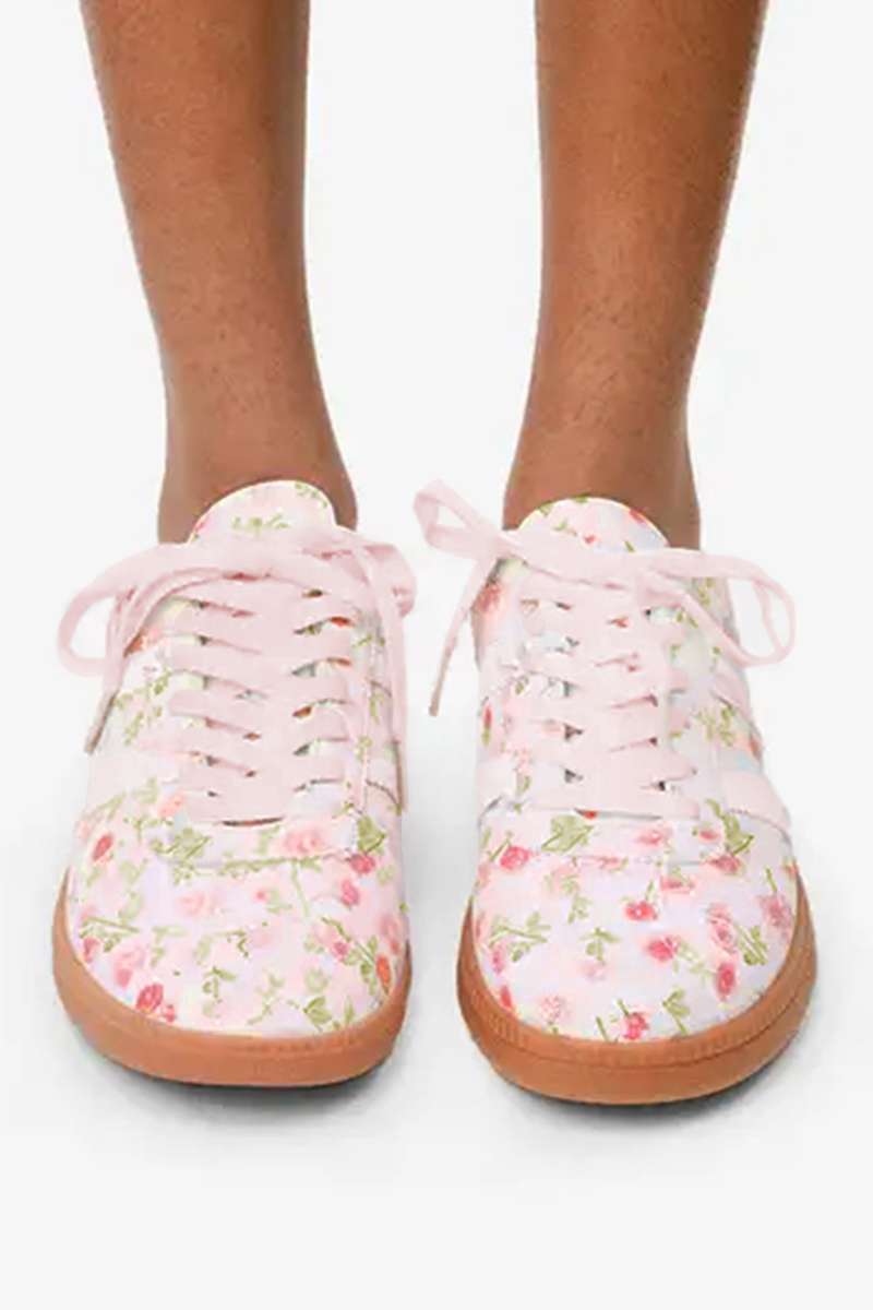 Light Pink Floral Print Lace-up PU Leather Flat Shoes