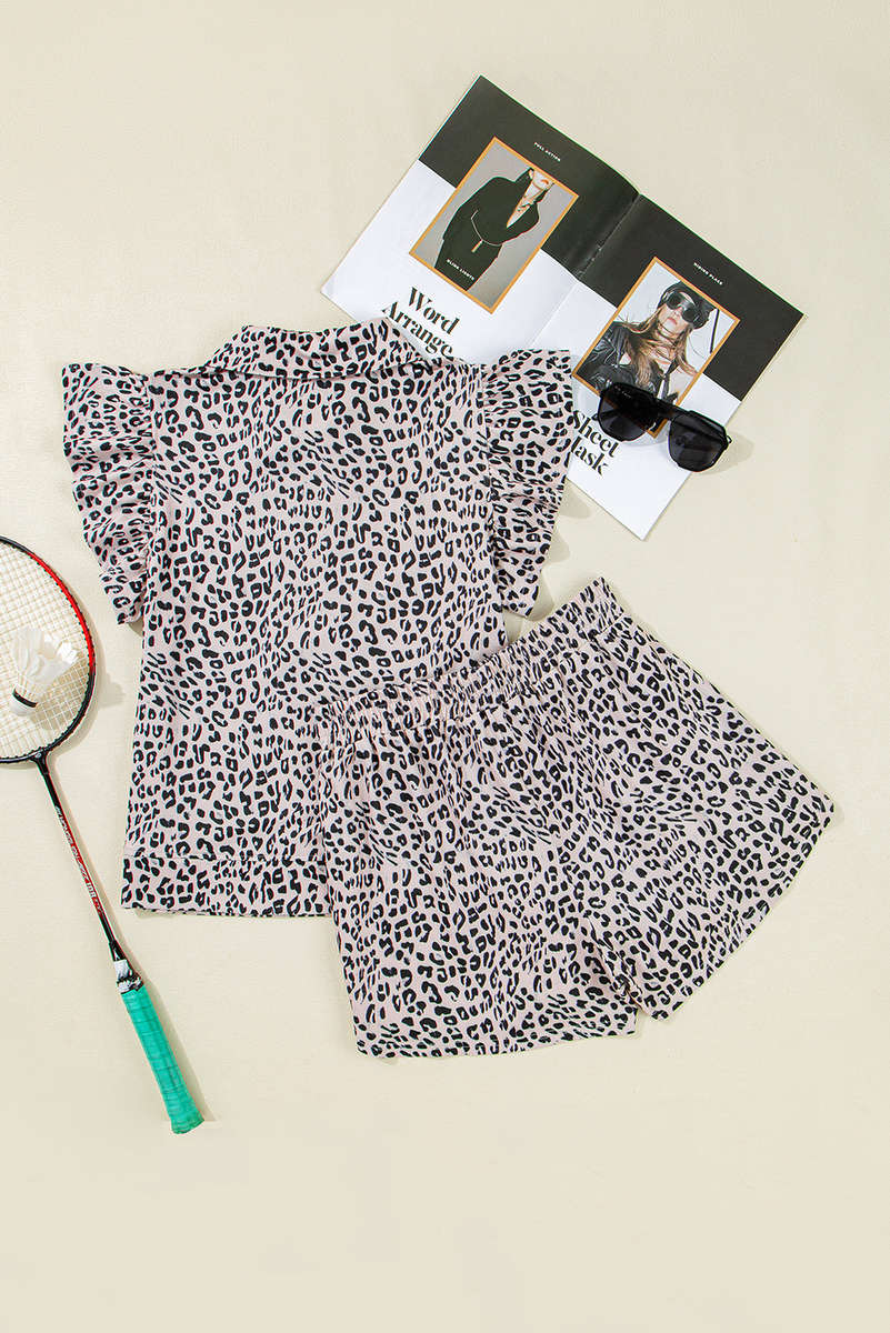 Brown Leopard Half Zipper Collared Ruffled Sleeve Top and Short Set