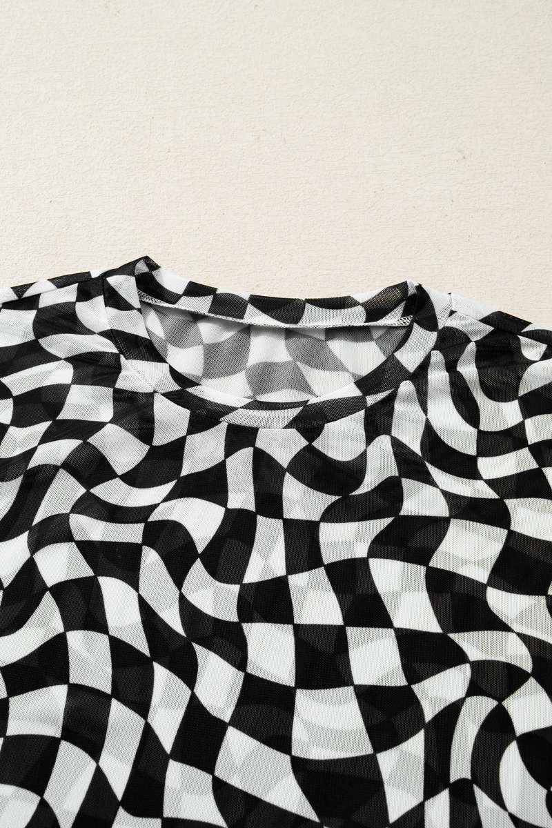Black Checkered Print Mock Neck Mesh T Shirt