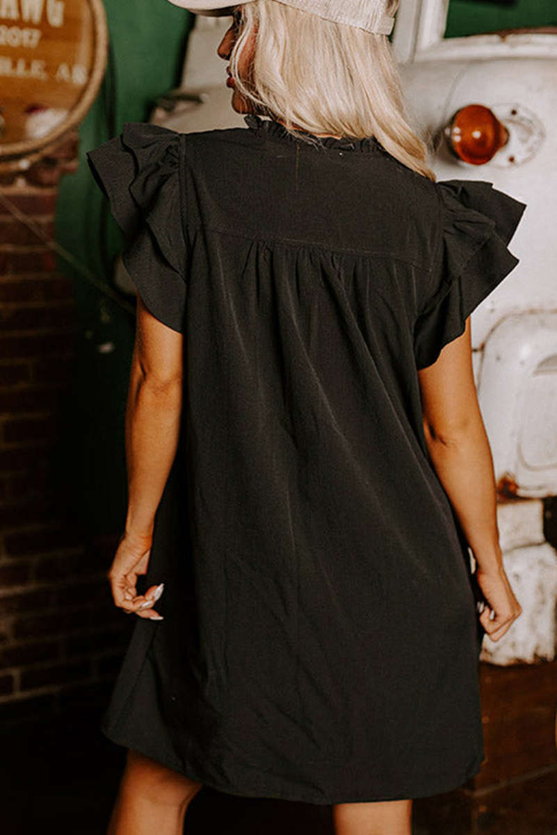 Black Frilled V Neck Pleated Ruffle Detail Short Shift Dress