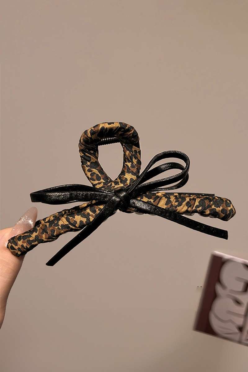 Thai Curry Leopard Cloth Wrap Over Contrast Bow Detail Hair Claw Clip