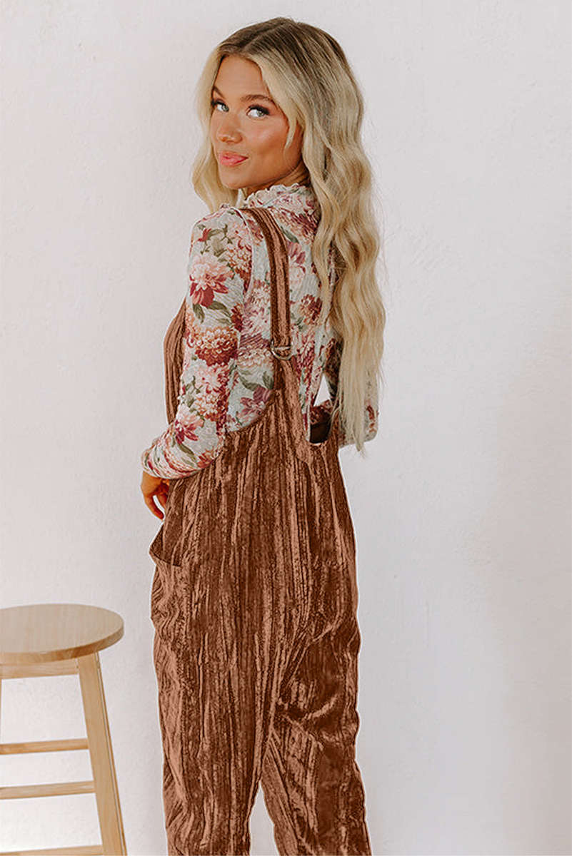 Chicory Coffee Velvet Adjustable Straps Patched Pocket Sleeveless Jumpsuit