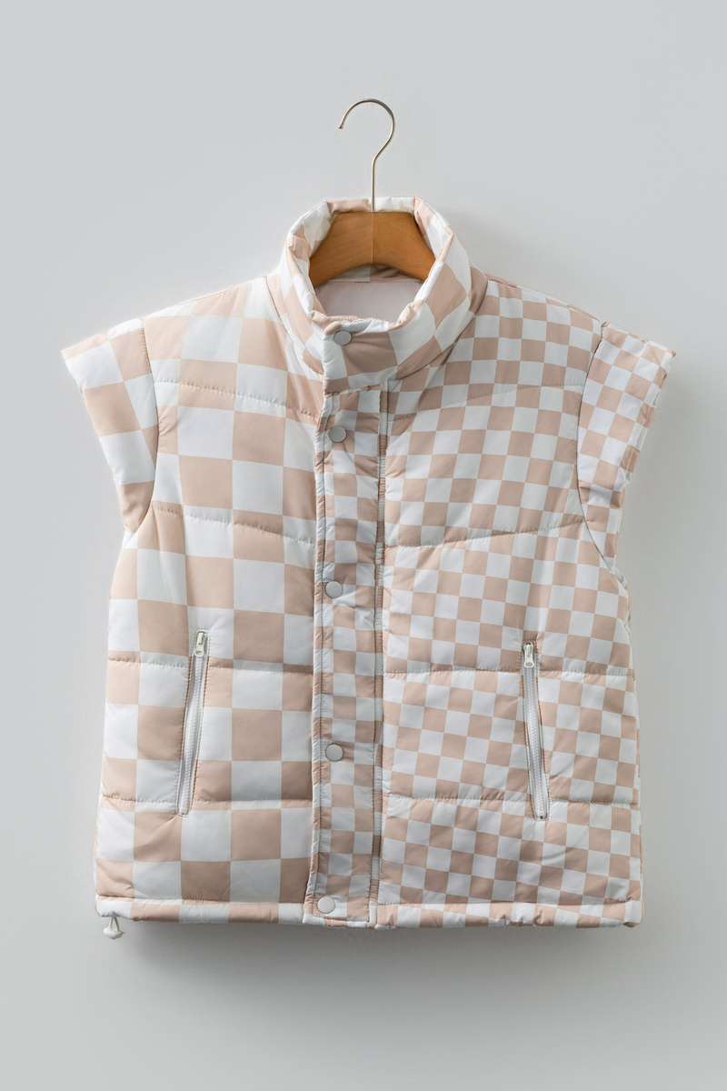 Khaki Contrast Plaid Quilted Button Zip Up Vest