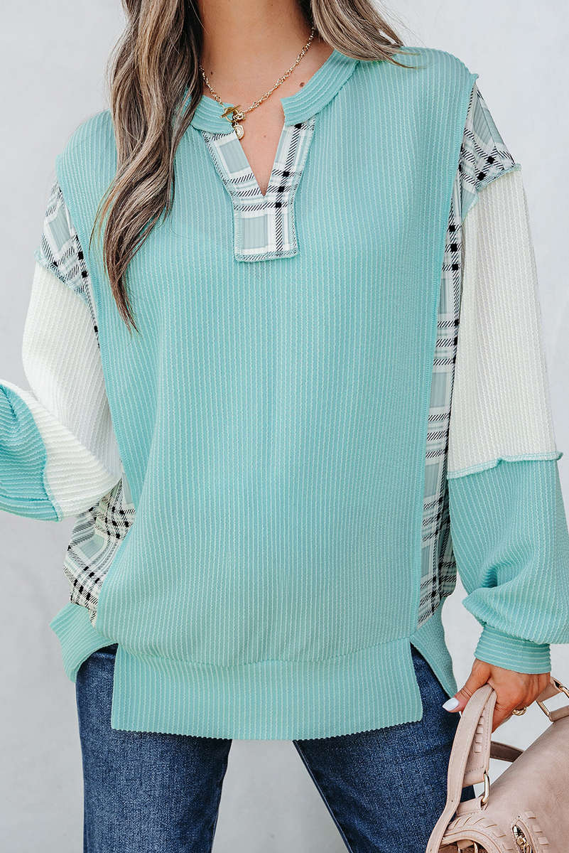 Aruba Blue Corded Texture Colorblock Patchwork Split Neck Long Sleeve Top